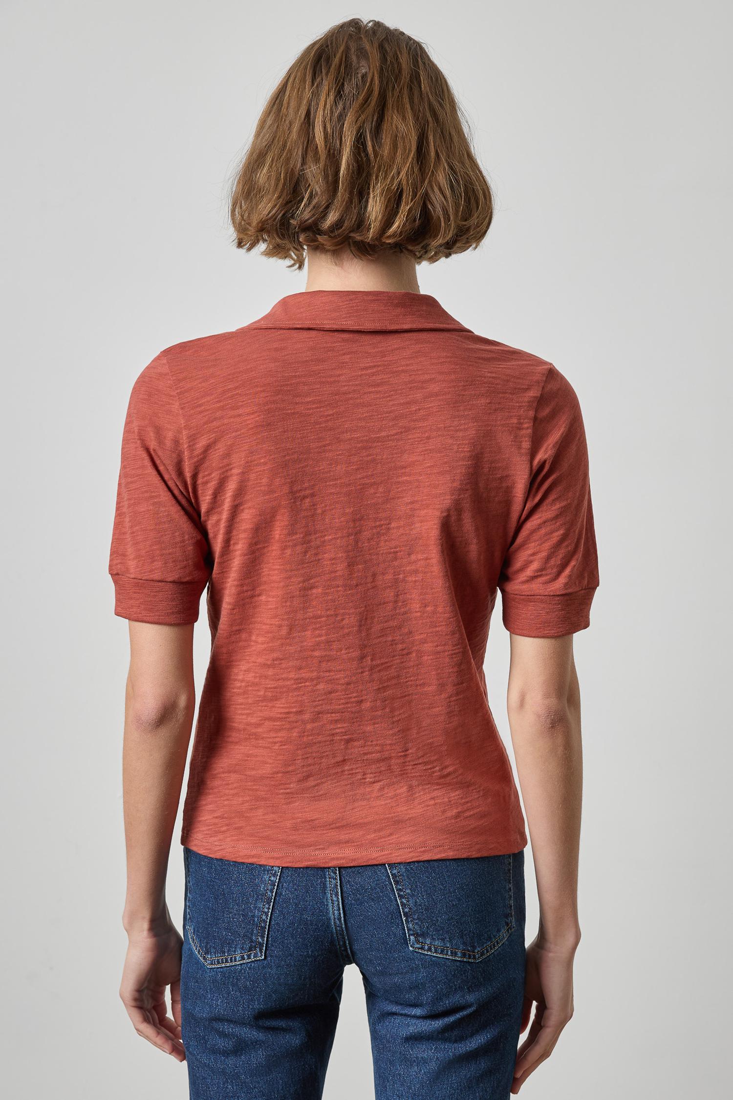 Elbow Sleeve Collared Split Neck Tee Henna Tops - Tees Lilla P 