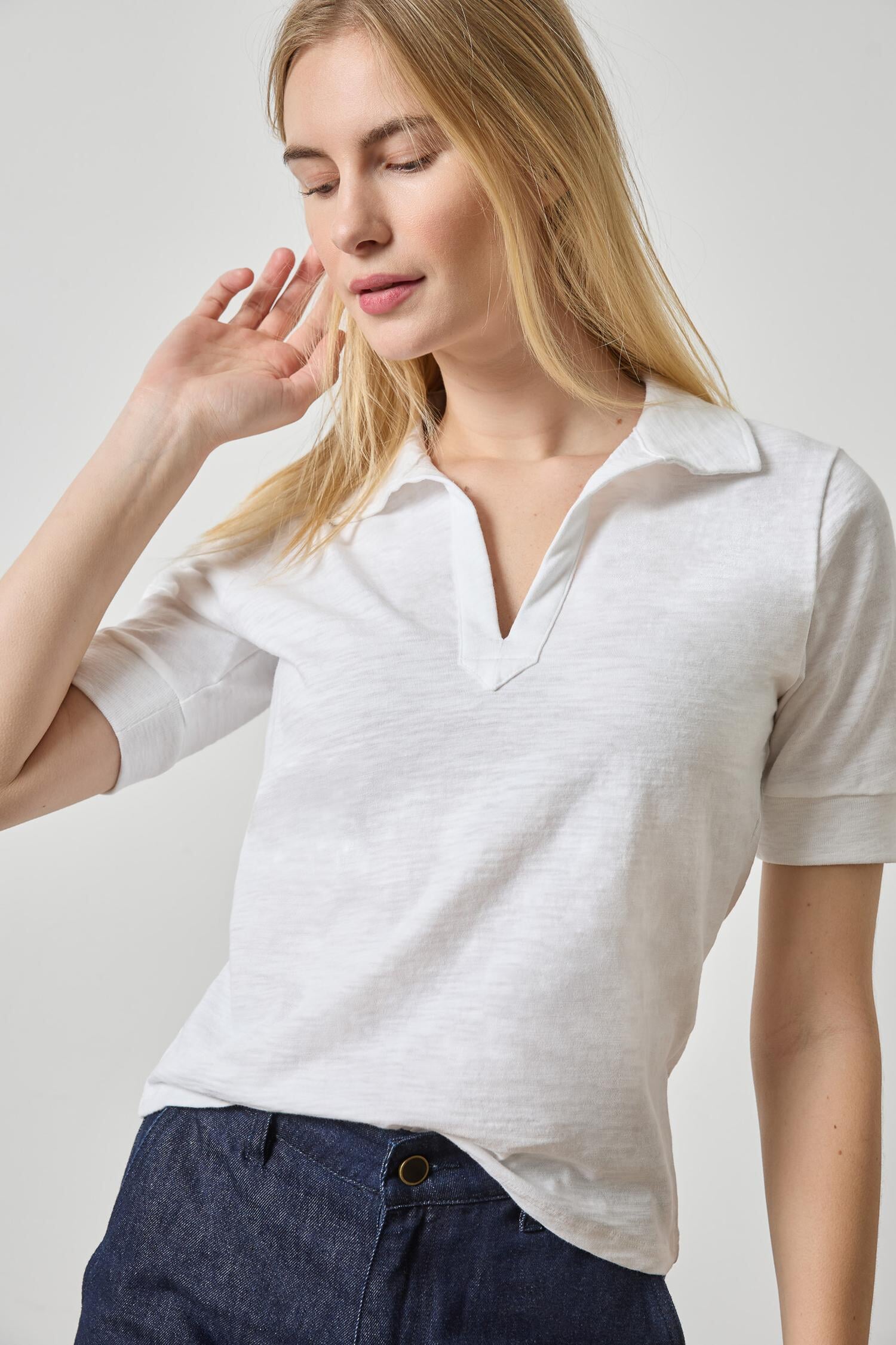 Elbow Sleeve Collared Split Neck Tee White Tops - Tees Lilla P 