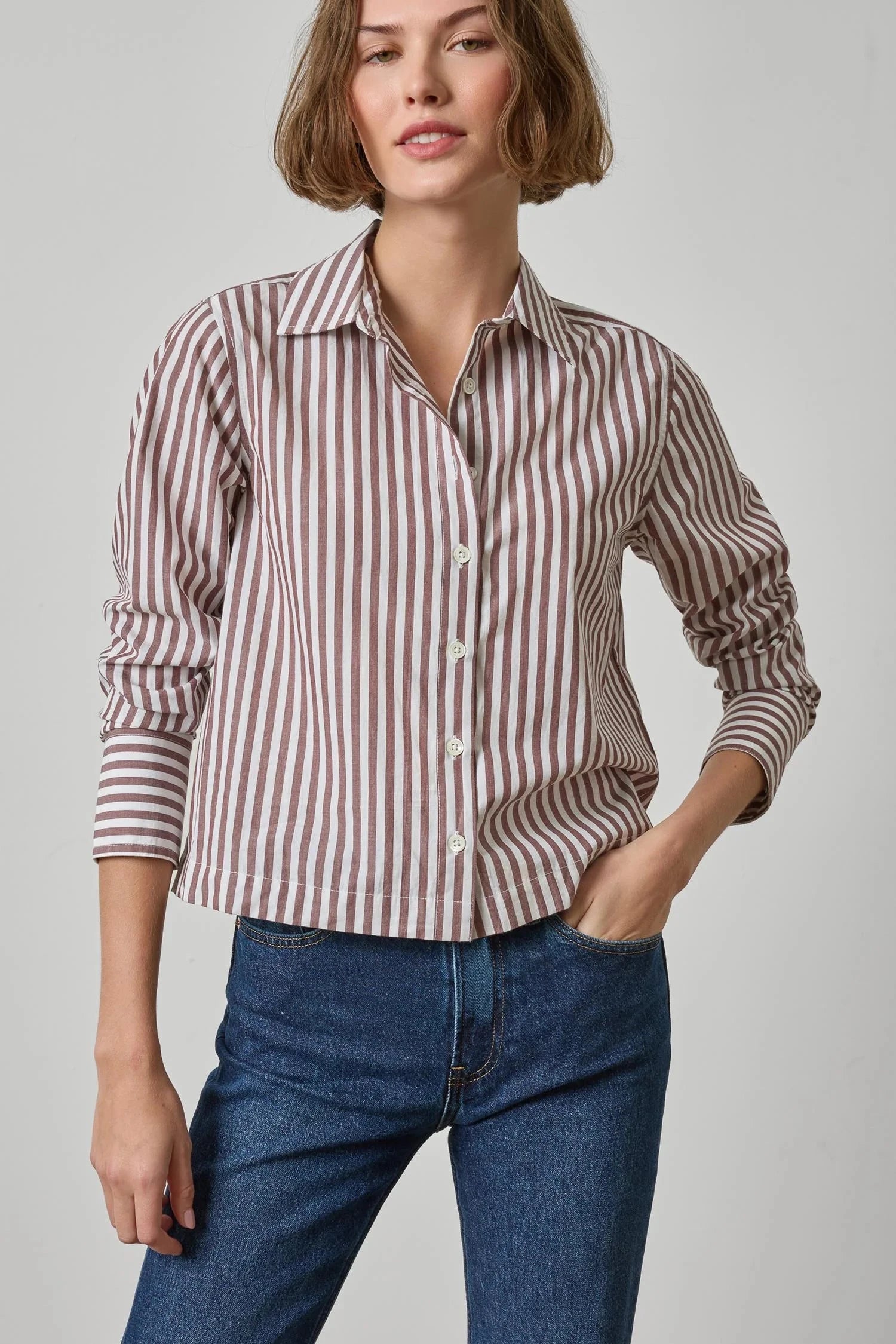 Straight Fit Short Button Down Chestnut Stripe Tops - Button Down Lilla P 