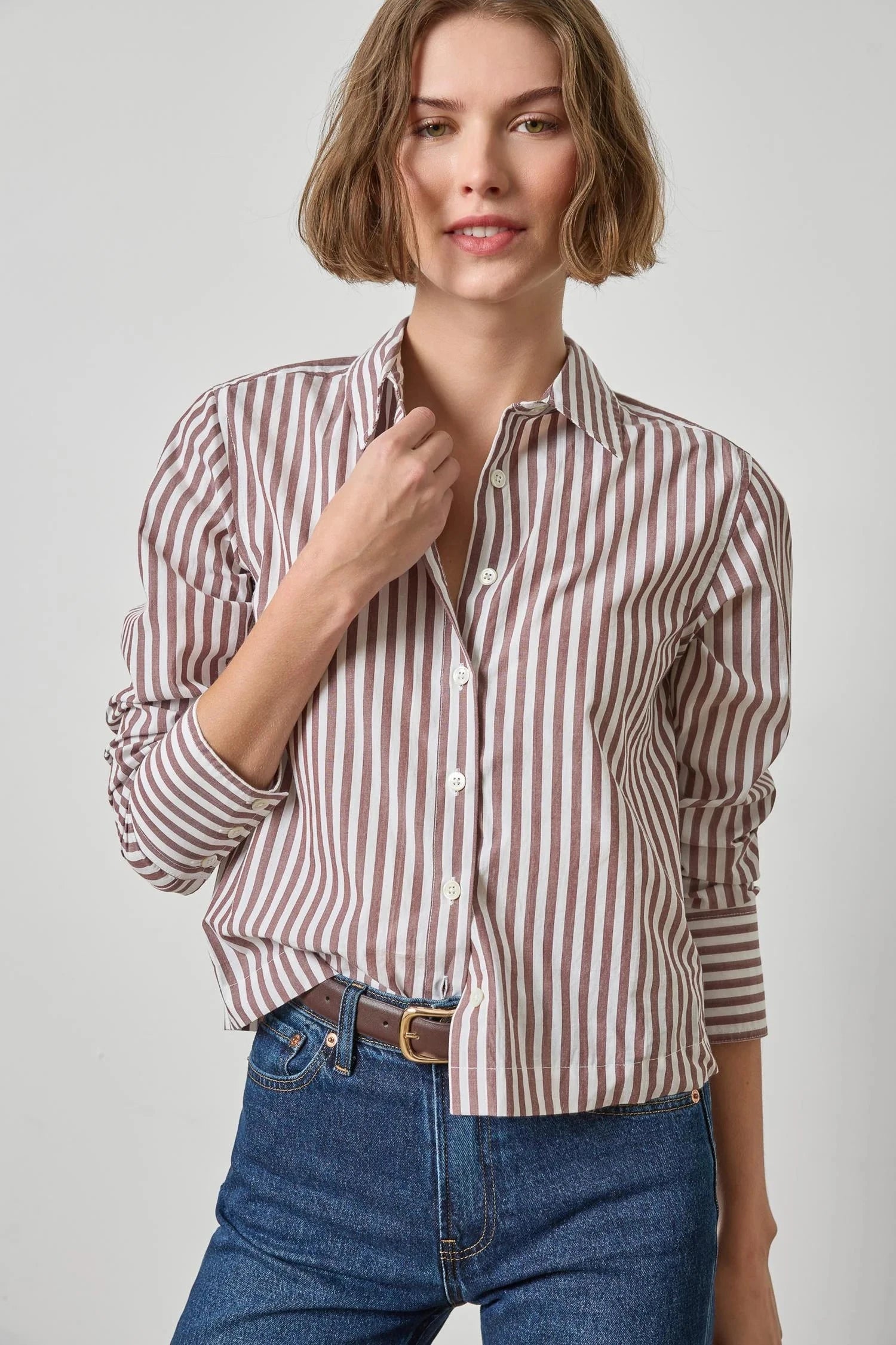 Straight Fit Short Button Down Chestnut Stripe Tops - Button Down Lilla P 