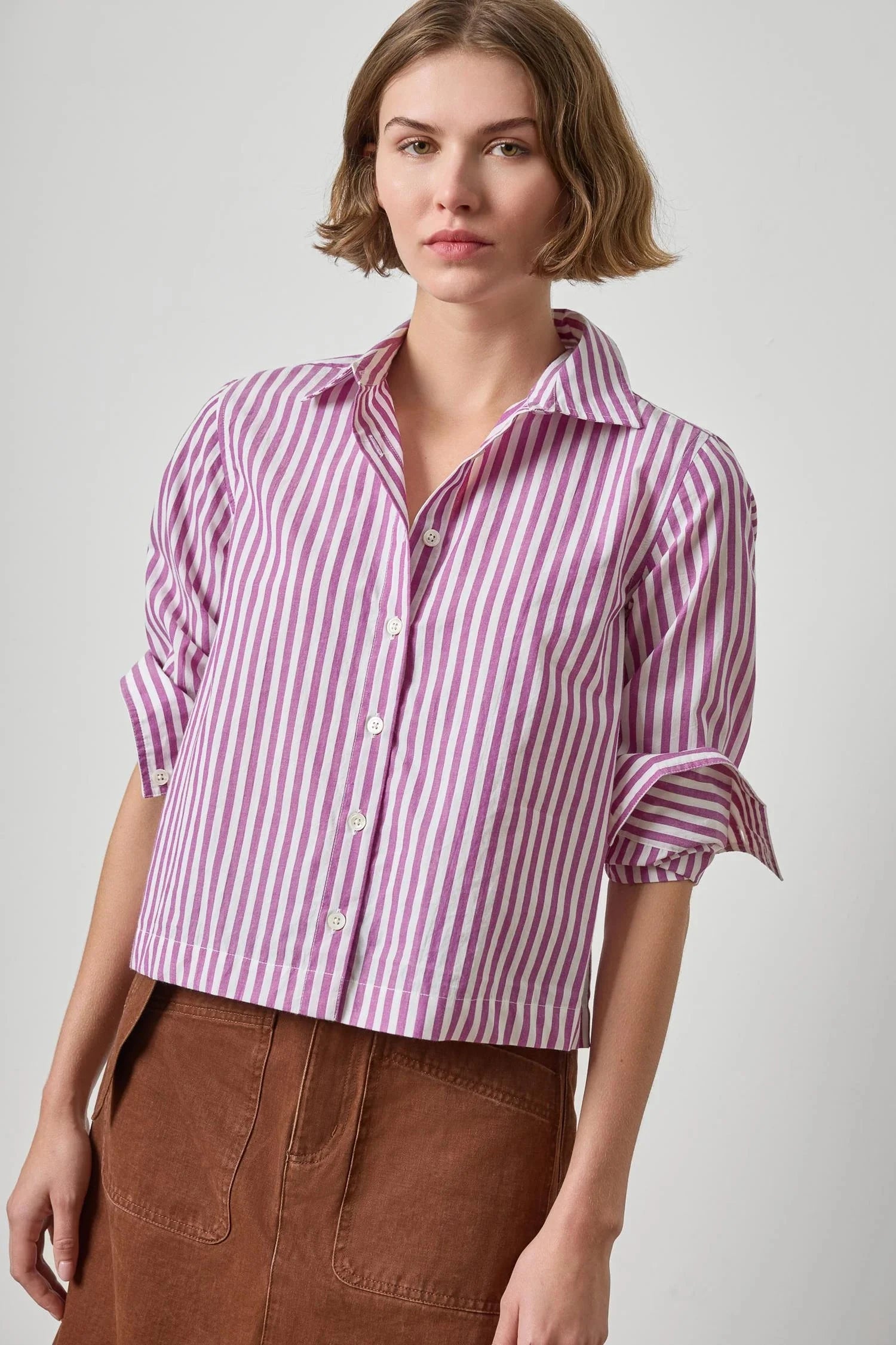 Straight Fit Short Button Down Snapdragon Stripe Tops - Button Down Lilla P 