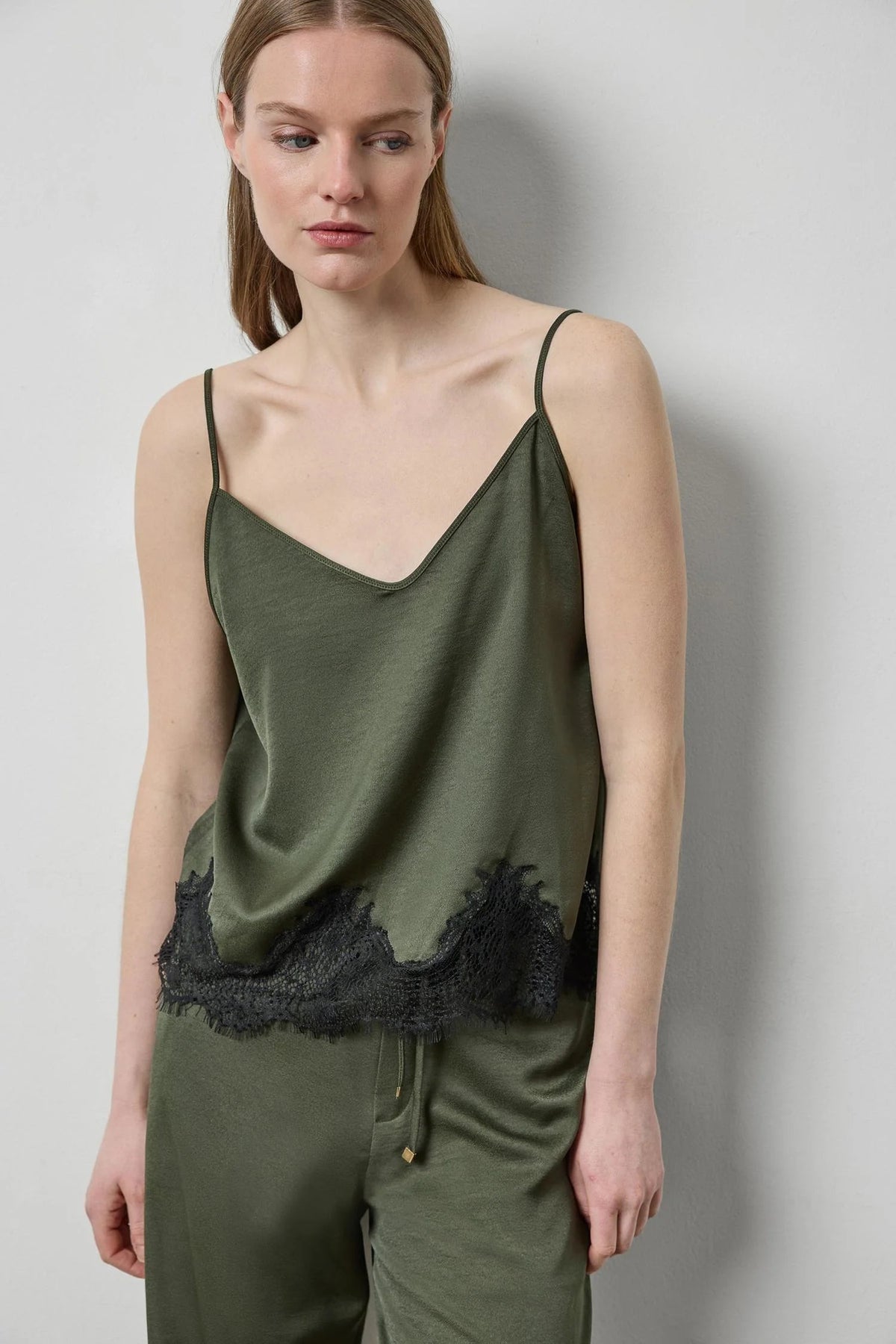 Crepe Satin Cami with Lace Trim Fir Tops - Tanks Lilla P 