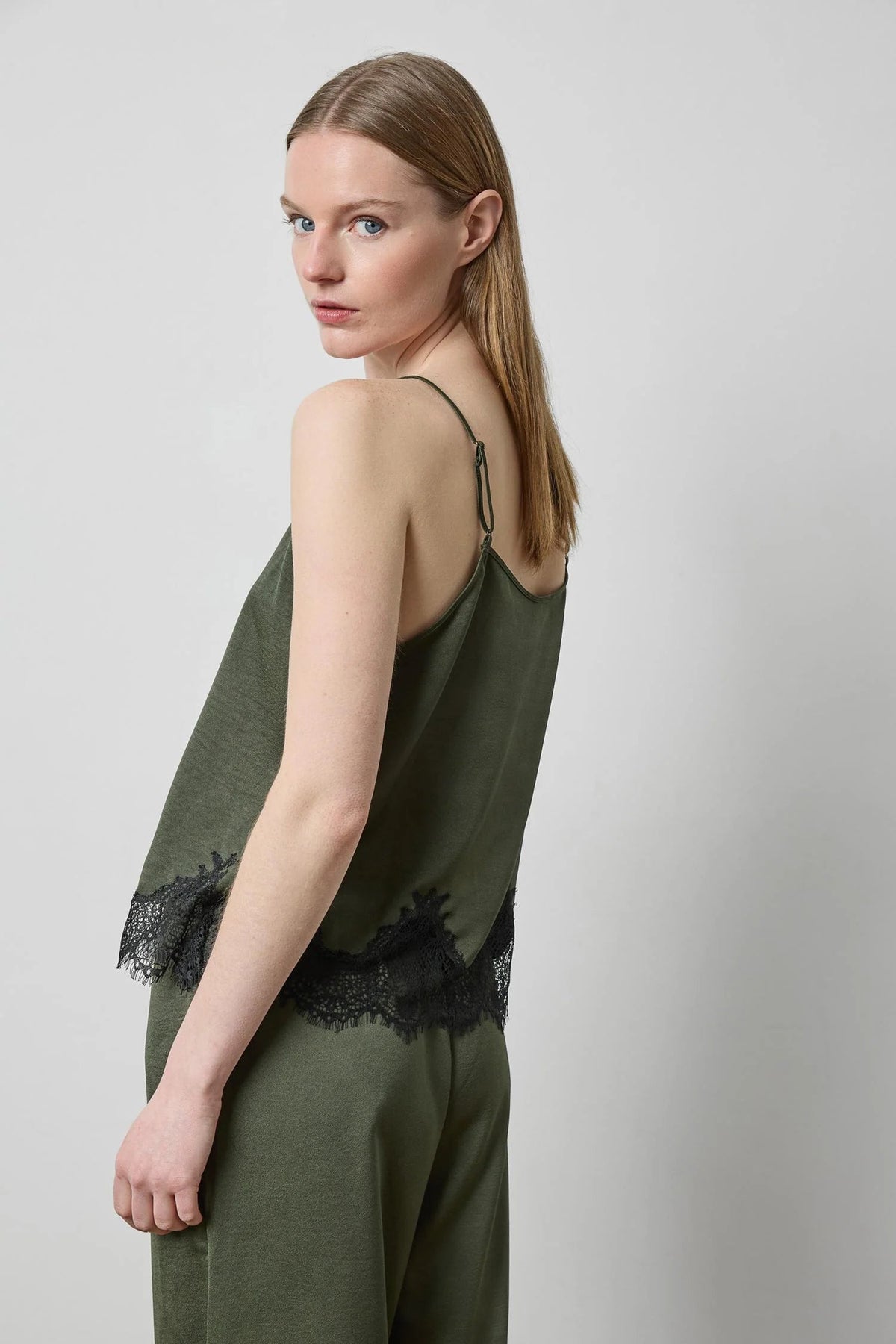 Crepe Satin Cami with Lace Trim Fir Tops - Tanks Lilla P 