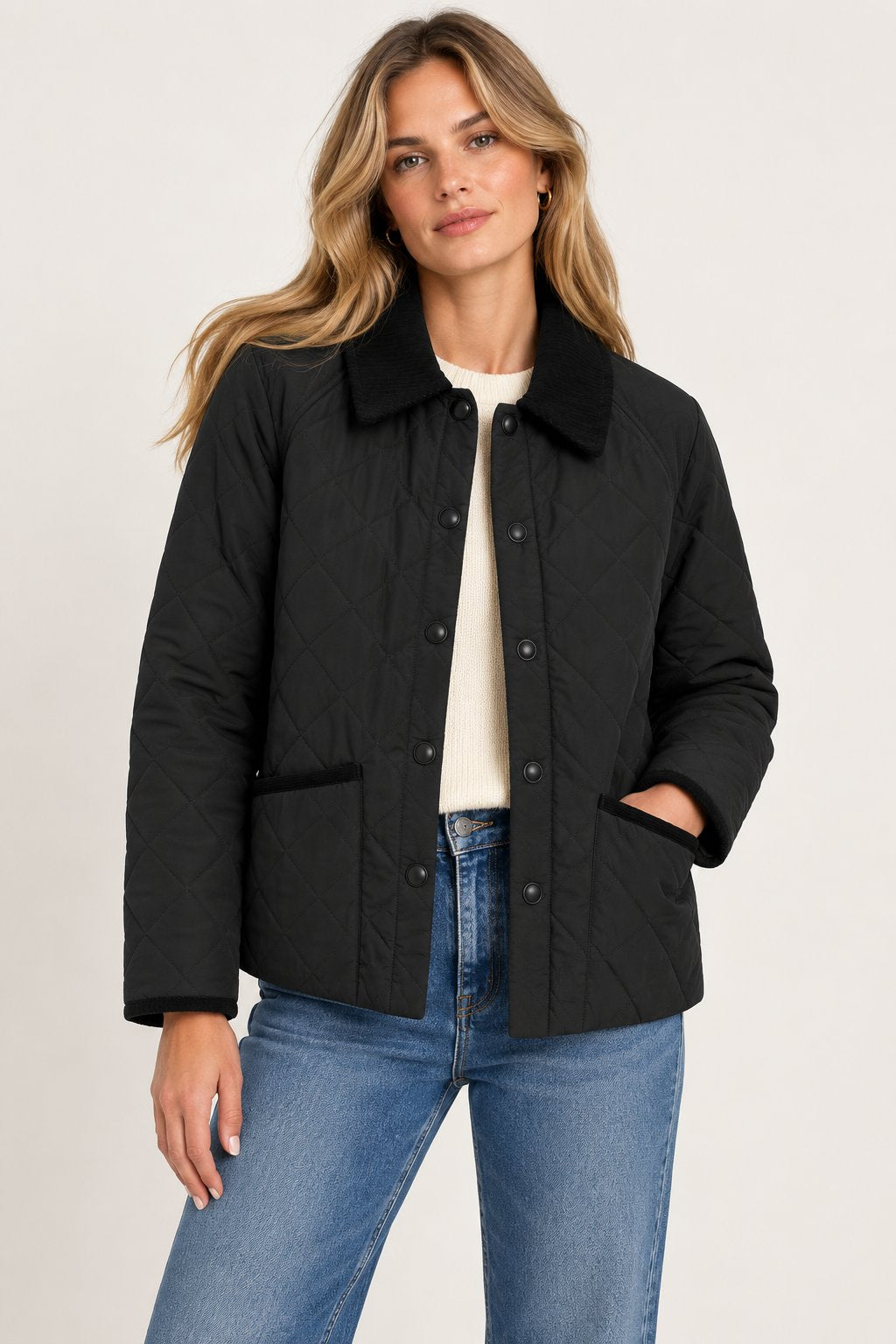 Quilted Corduroy Collar Jacket Black Outerwear - Longsleeve Elliott Lauren 