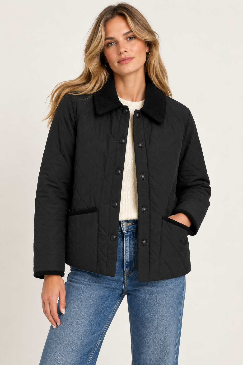 Quilted Corduroy Collar Jacket Black