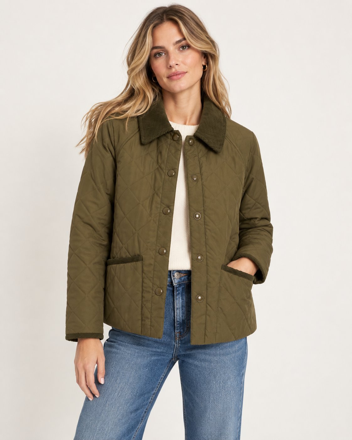 Quilted Corduroy Collar Jacket Olive Outerwear - Longsleeve Elliott Lauren 