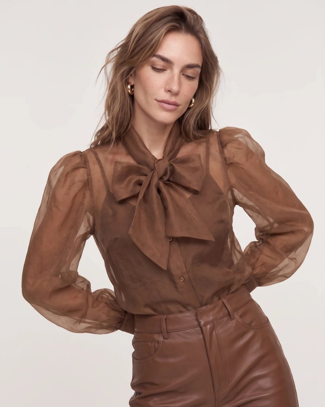 The Long Sleeve French Bow Shirt Caramel Tops - Blouses The Shirt 