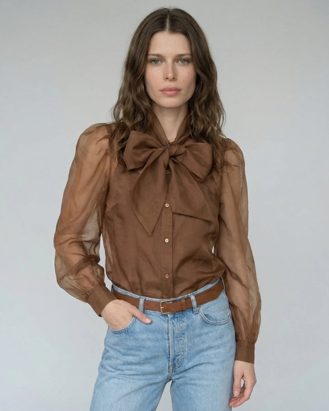 The Long Sleeve French Bow Shirt Caramel Tops - Blouses The Shirt 