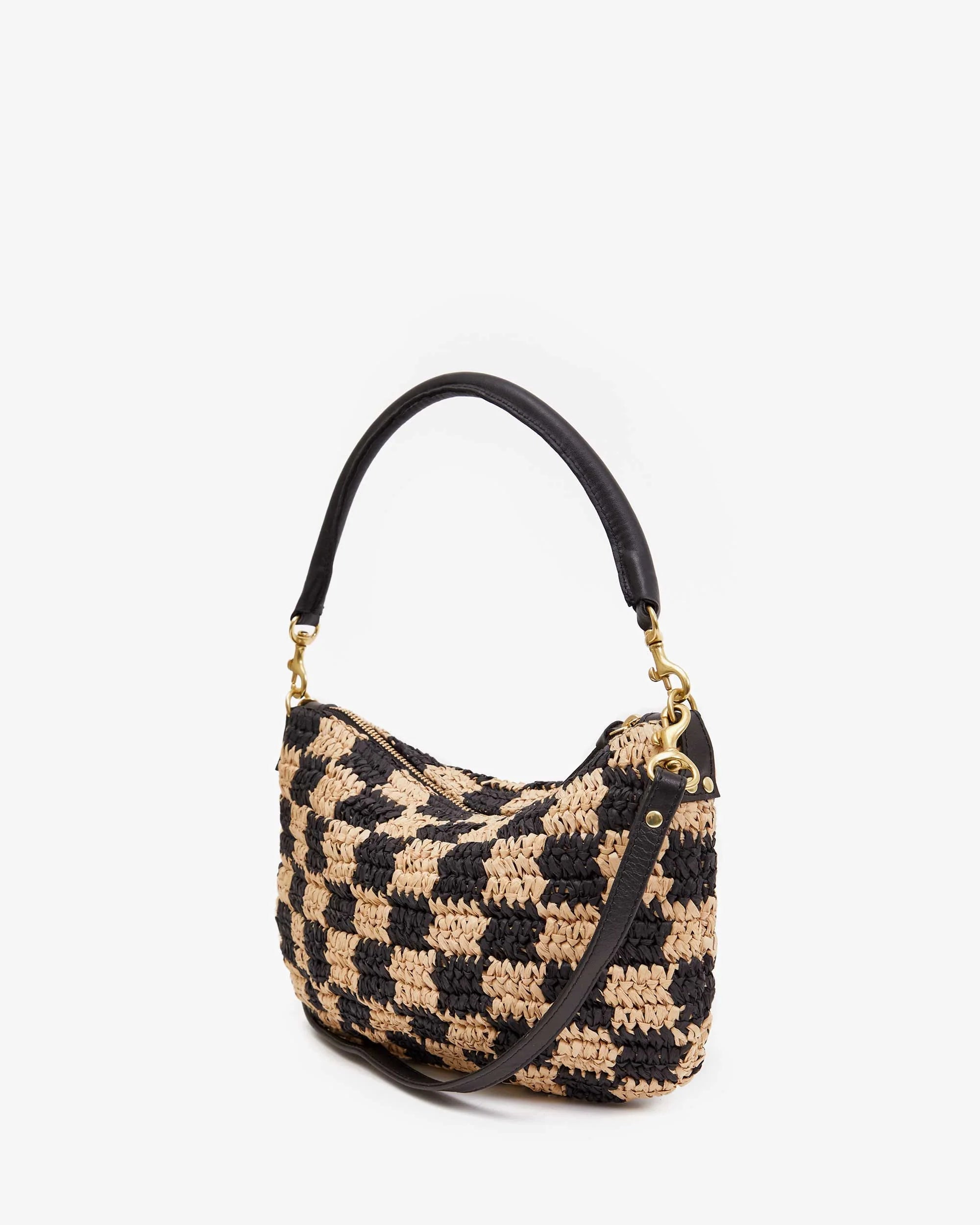 Petite Moyen Messenger Checker Raffia Black/ Natural Crossbody Clare V. 