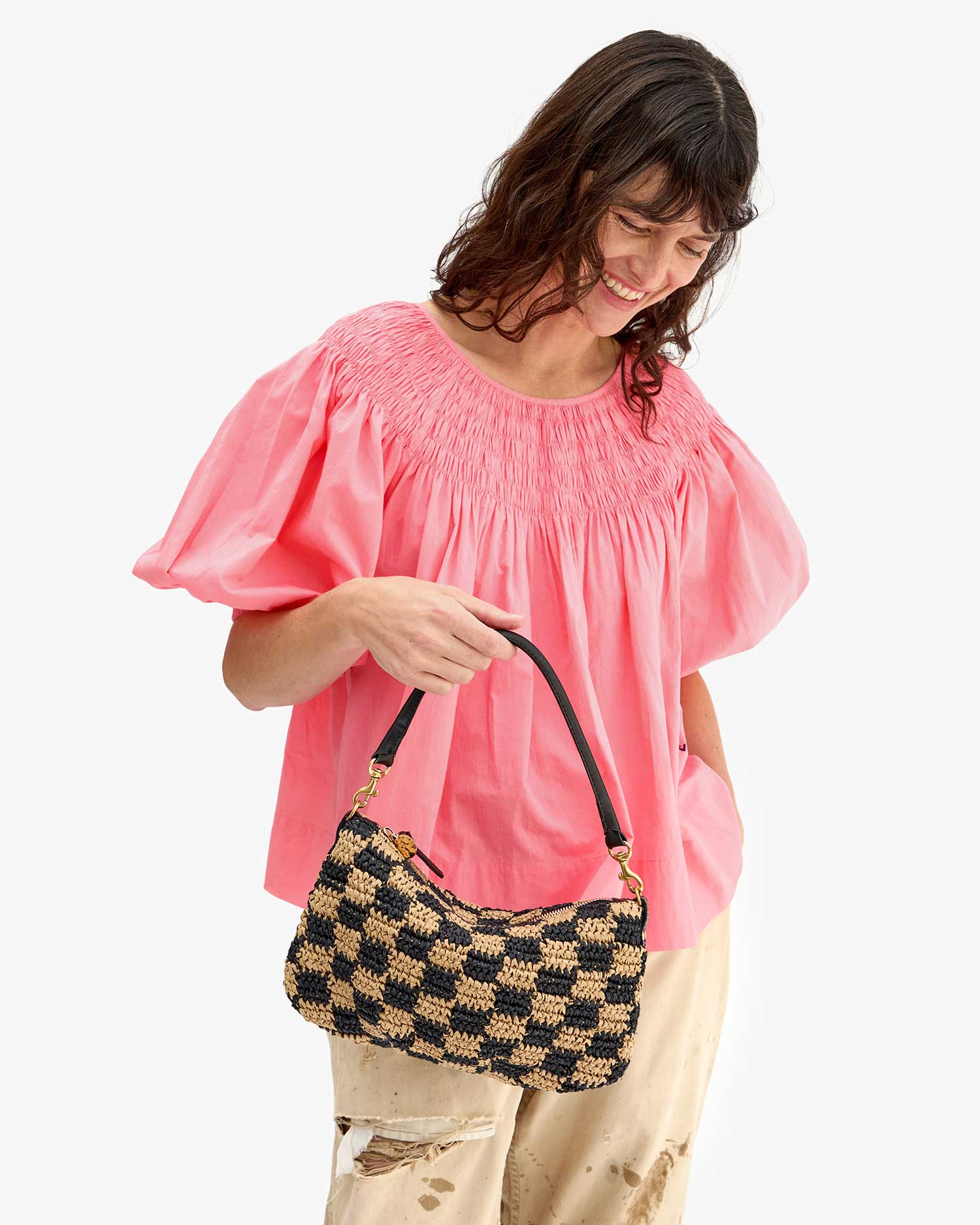 Petite Moyen Messenger Checker Raffia Black/ Natural Crossbody Clare V. 