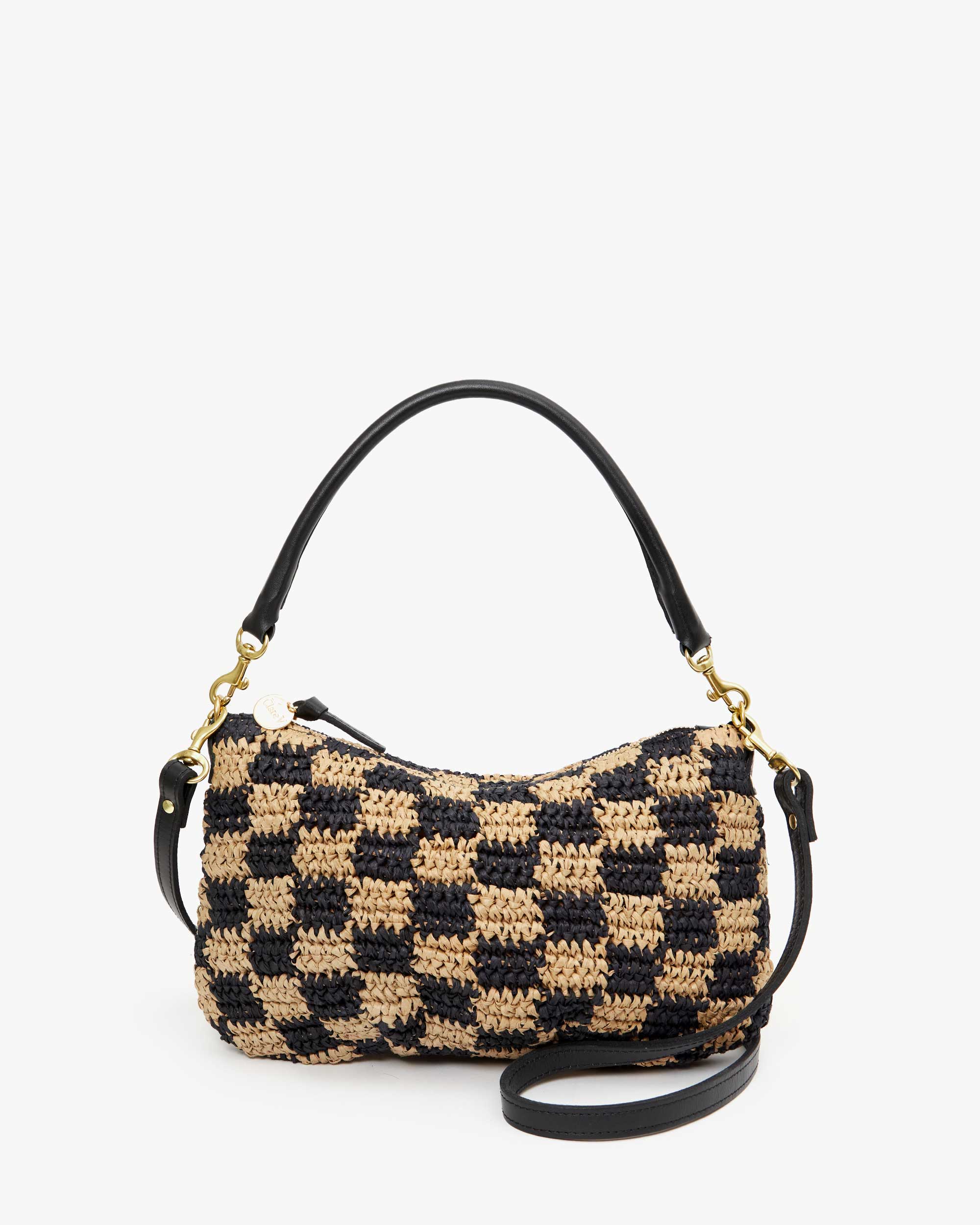 Petite Moyen Messenger Checker Raffia Black/ Natural Crossbody Clare V. 