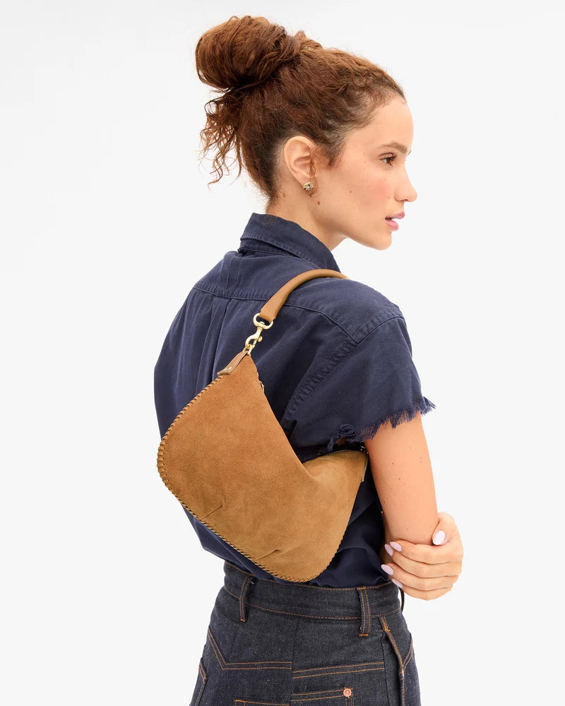 Petit Moyen Messenger Suede with Whipstitch Caramel