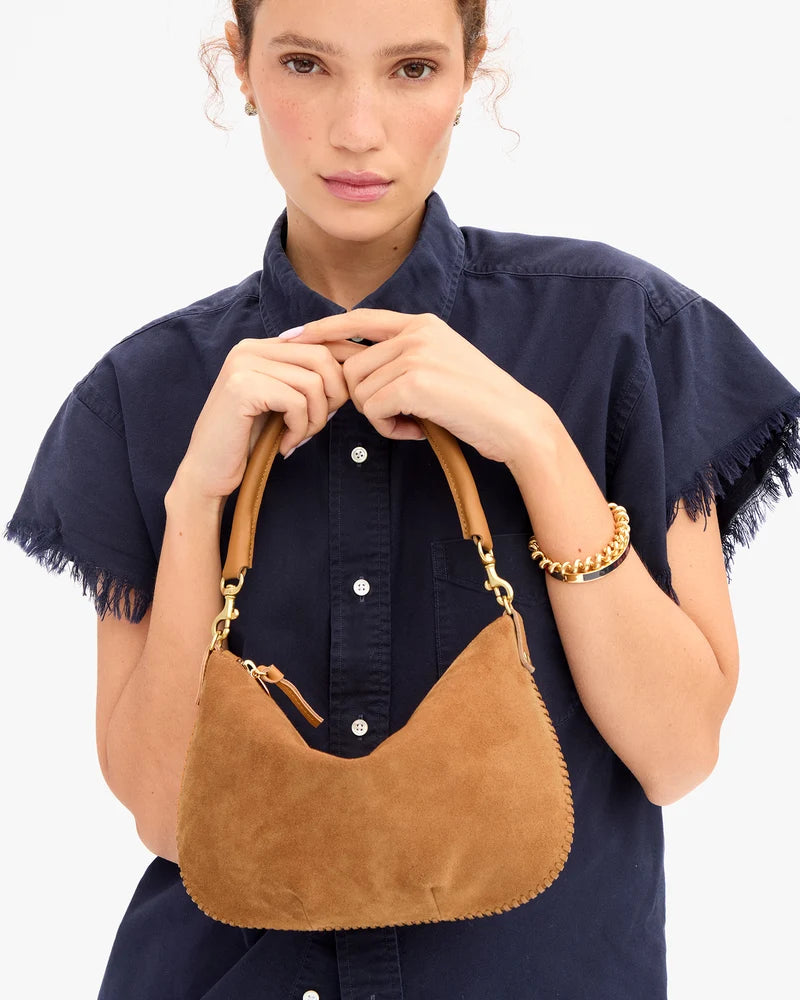 Petit Moyen Messenger Suede with Whipstitch Caramel