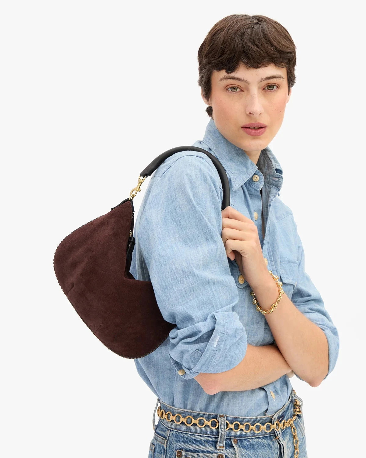 Petite Moyen Messenger Suede Whipstitch Truffle Crossbody Clare V. 