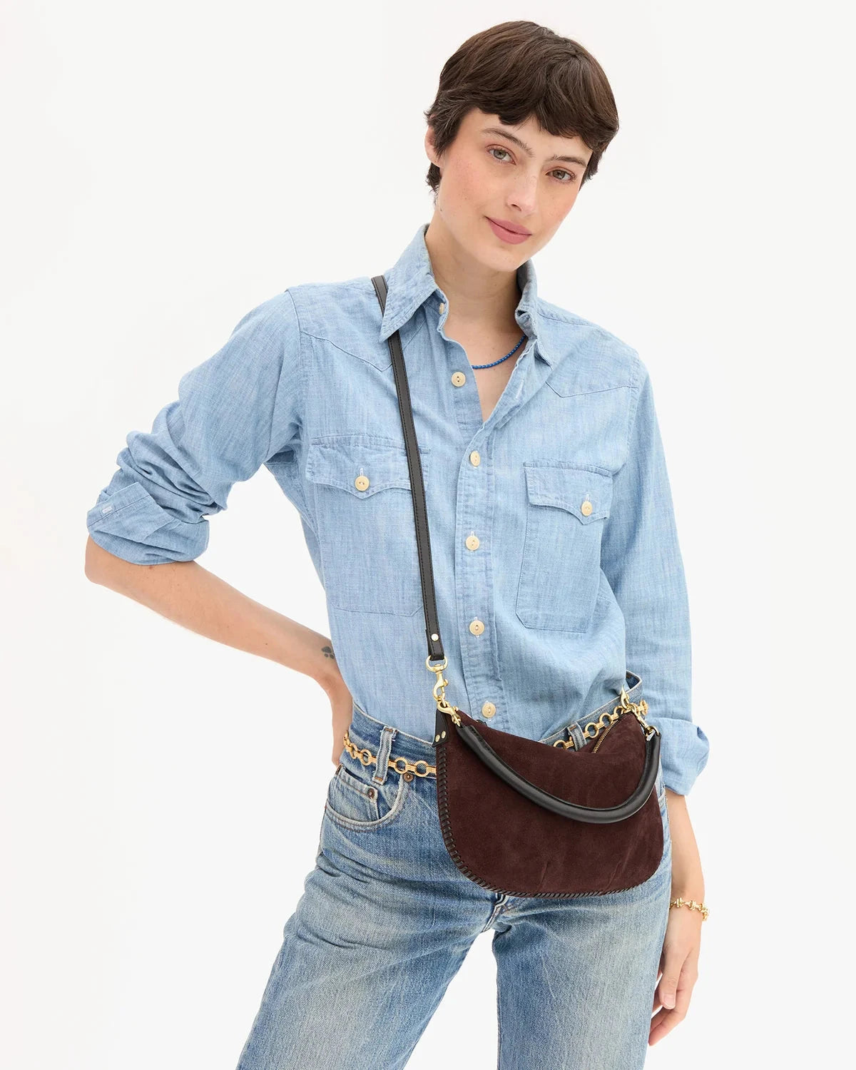 Petite Moyen Messenger Suede Whipstitch Truffle Crossbody Clare V. 