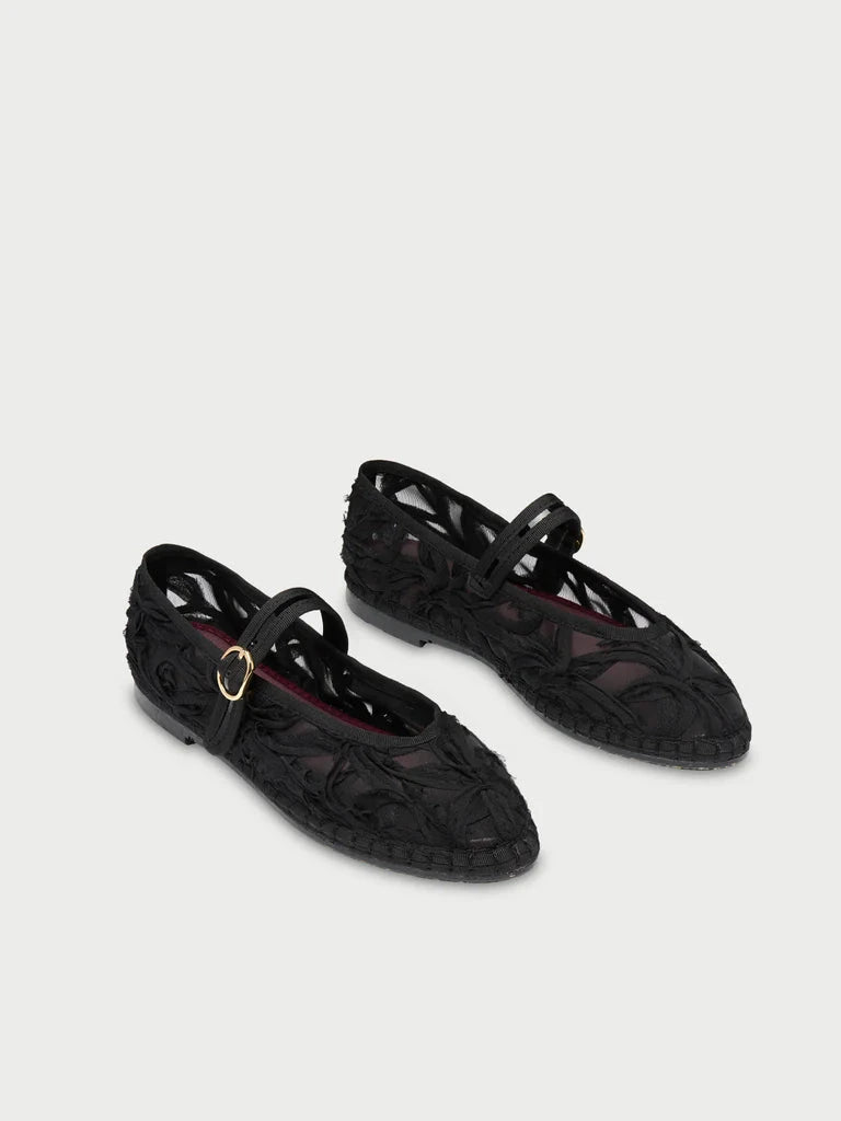 Pierre Lace Mary Jane Black Sandals - Flat Sandals Flabelus 