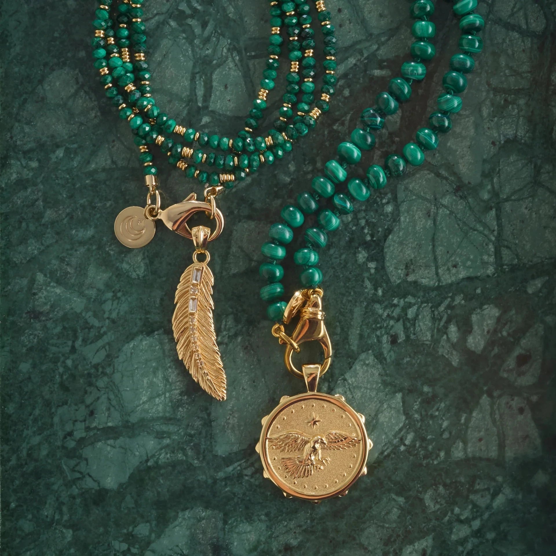 Double Wrap Diamond Cut Beaded Necklace Malachite and Gold Necklaces Jane Win 