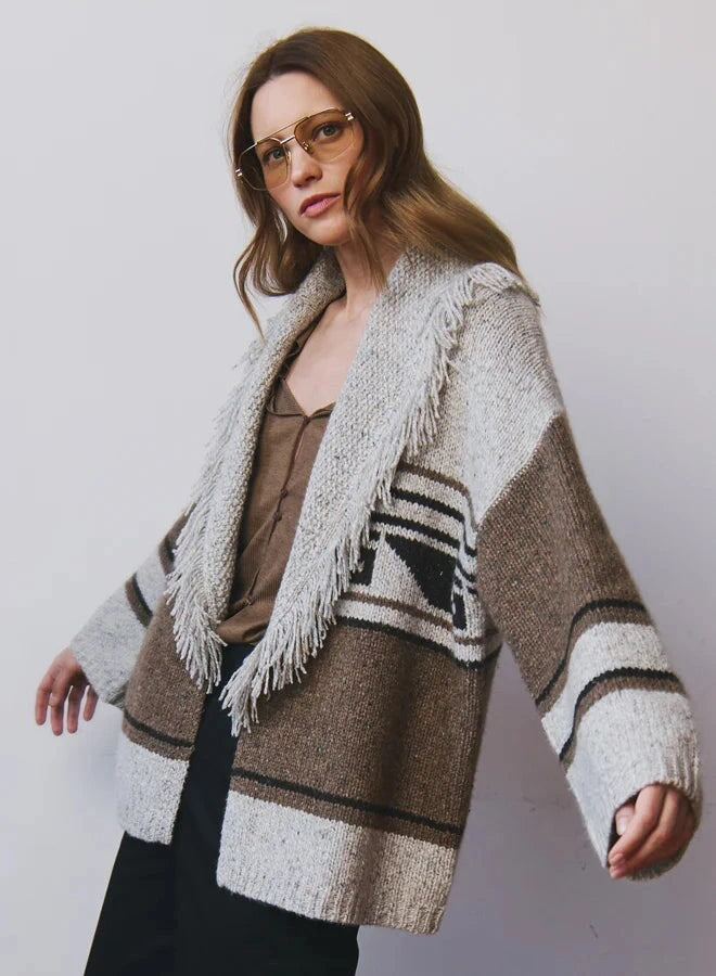 Southwest Fringed Shawl Collar Throw Brownie/Neutral Sweater - Cardigans Autumn Cashmere 
