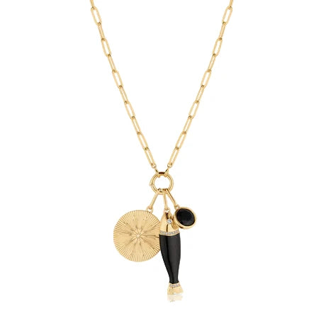 Gold necklace with two pendants on a white background