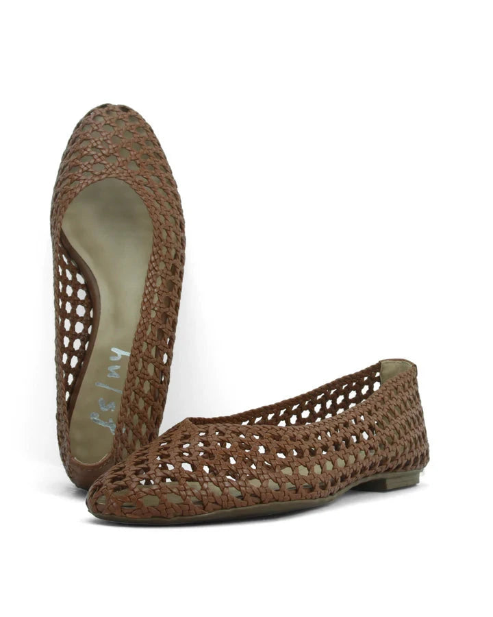 Rosalie Woven Leather Cognac Flats - Ballet French Sole 