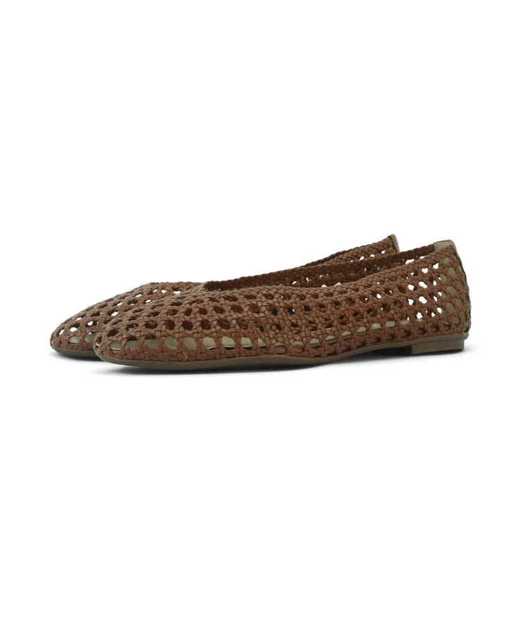 Rosalie Woven Leather Cognac Flats - Ballet French Sole 