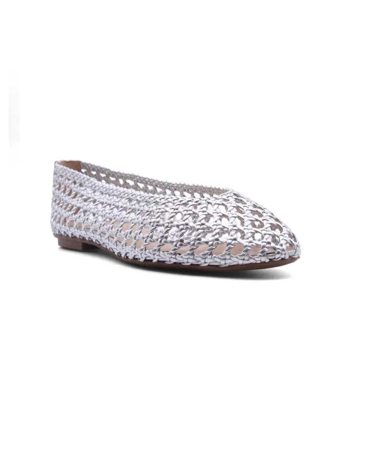 Rosalie Woven Leather Silver Flats - Ballet French Sole 