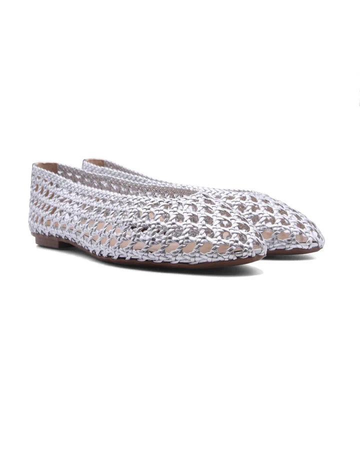 Rosalie Woven Leather Silver Flats - Ballet French Sole 