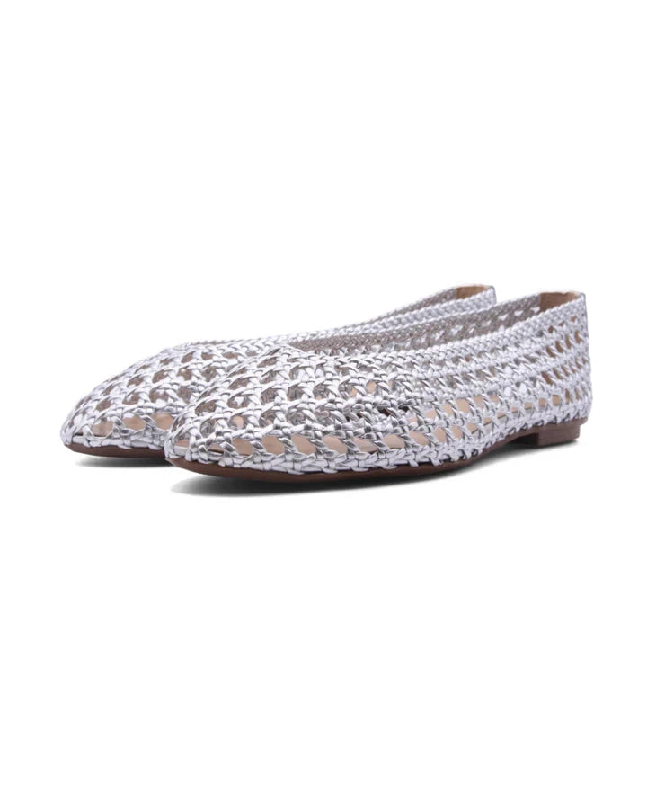 Rosalie Woven Leather Silver Flats - Ballet French Sole 