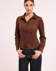 Theda Top Faux Suede Brown Tops - Button Down Misa 