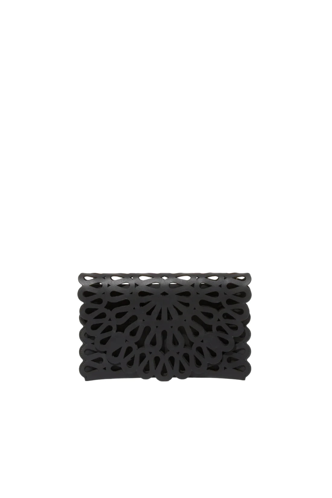 Black woven clutch bag on a white background