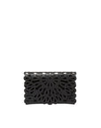 Black woven clutch bag on a white background