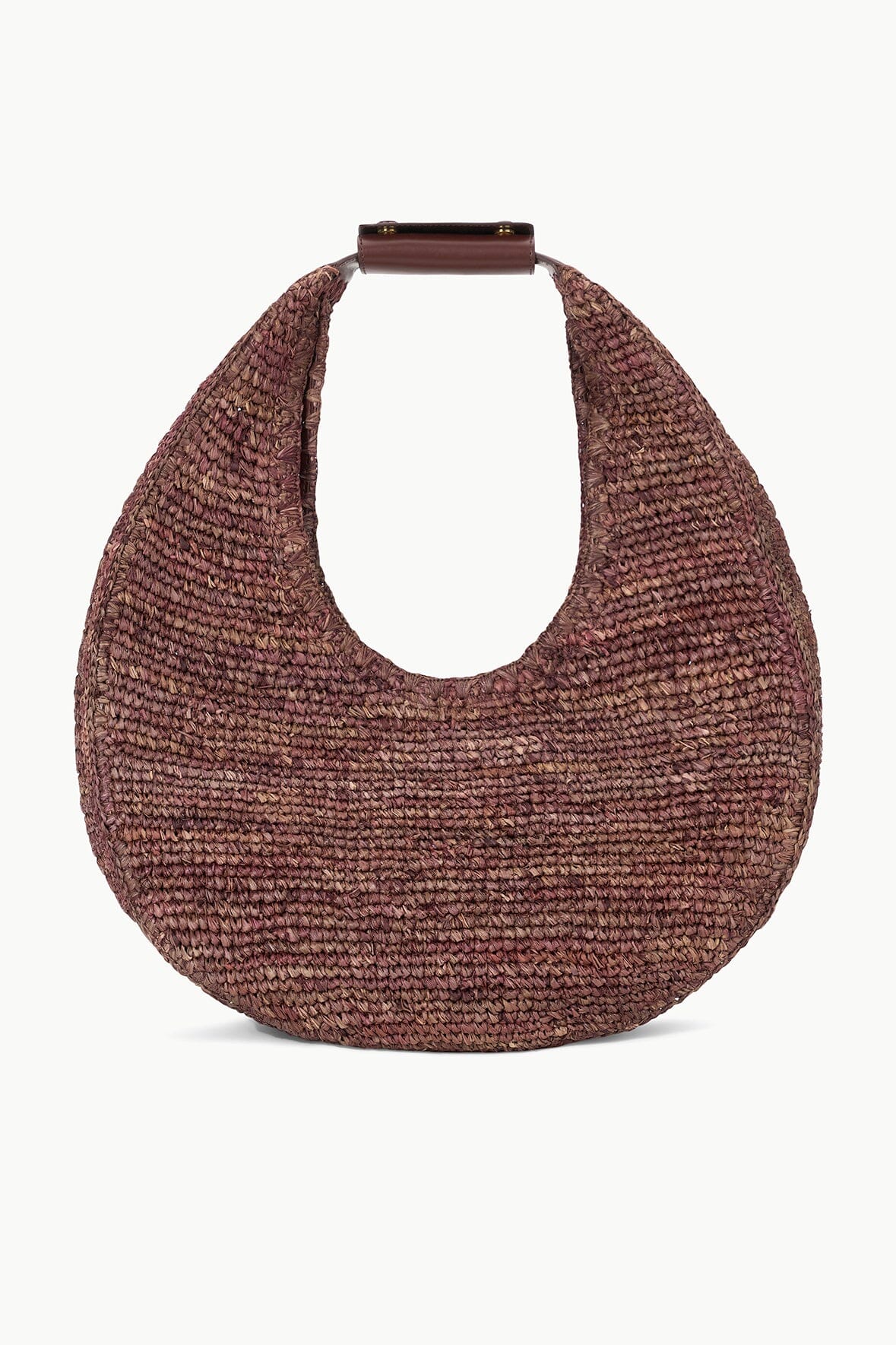 front view of Staud Large Raffia Moon Tote Bag in Mahogany with white background