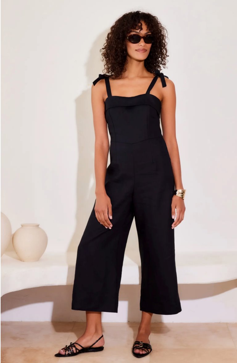 Paloma Tie Strap Linen Jumpsuit Black Dresses - Jumpsuits & Rompers Fifteen Twenty 