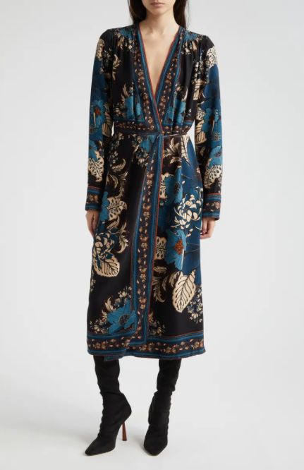 Blossom Tapestry Black Midi Wrap Dress