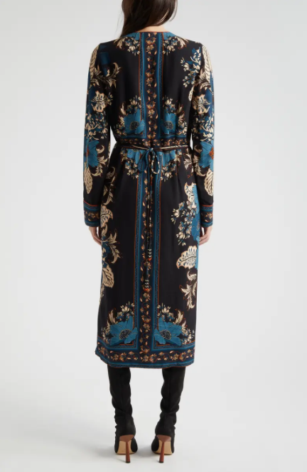 Blossom Tapestry Black Midi Wrap Dress