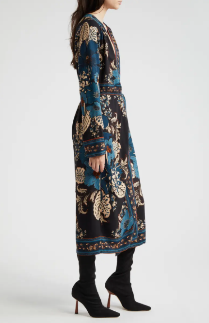 Blossom Tapestry Black Midi Wrap Dress