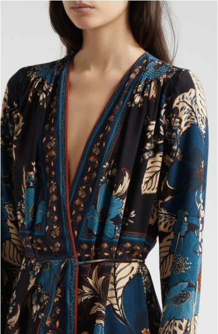 Blossom Tapestry Black Midi Wrap Dress