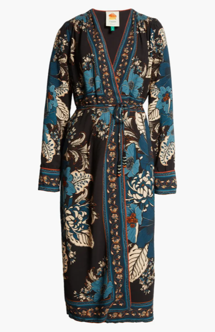 Blossom Tapestry Black Midi Wrap Dress