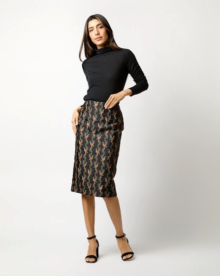 Aurora Skirt Black/Magenta Hummingbird Matelassé Skirts - Midi Ann Mashburn 