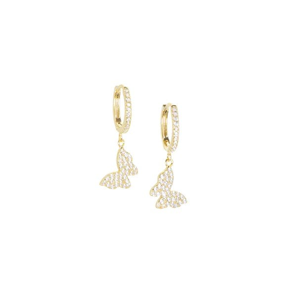 Gold Plated CZ Huggie w/ Butterfly Charm Earrings Marlyn Schiff 