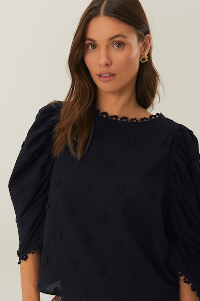 Close up view of the top half of a Brunette woman wearing farm rio 3D Flowers Blouse in Black with a white background