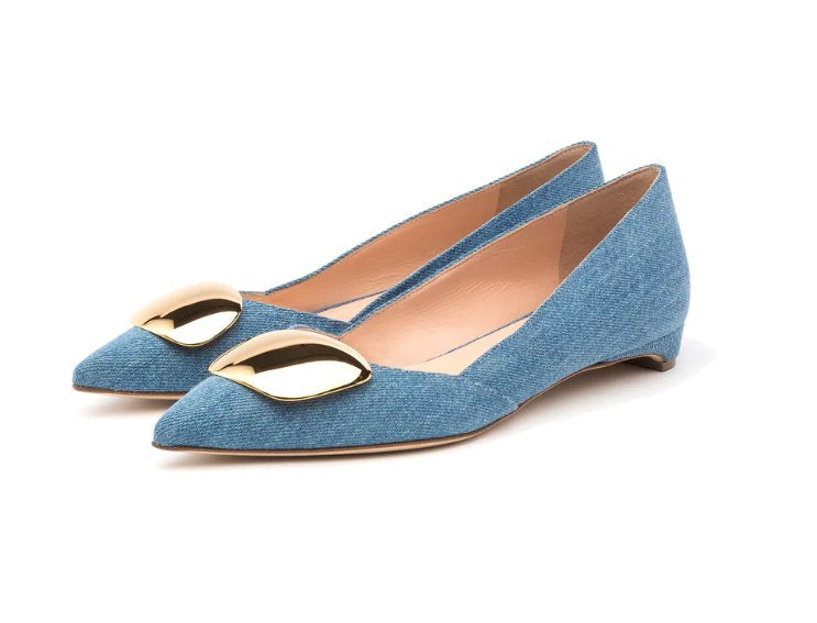 Aga Cromato Blue Denim Flats - Ballet Rupert Sanderson 