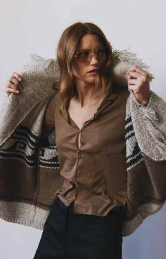 Southwest Fringed Shawl Collar Throw Brownie/Neutral Sweater - Cardigans Autumn Cashmere 
