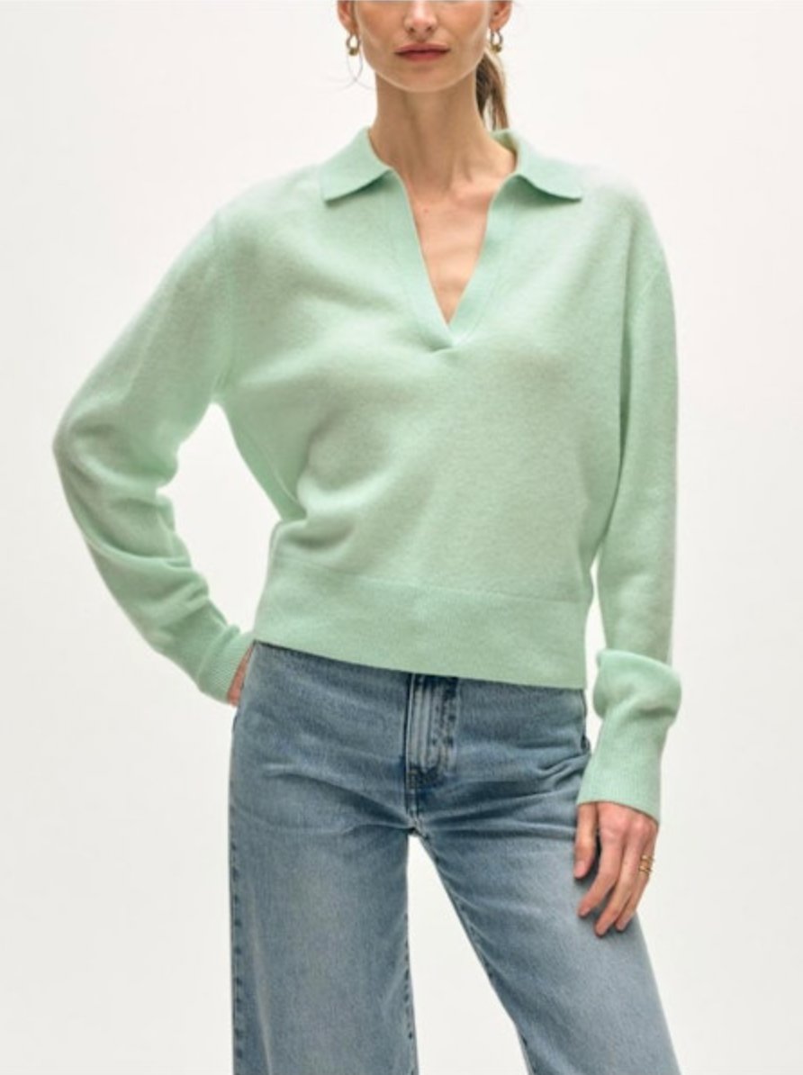 Cashmere Polo Top Frosted Sage Sweater - V-Neck White + Warren 