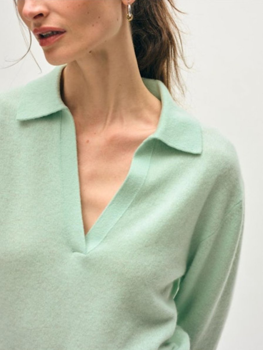 Cashmere Polo Top Frosted Sage Sweater - V-Neck White + Warren 
