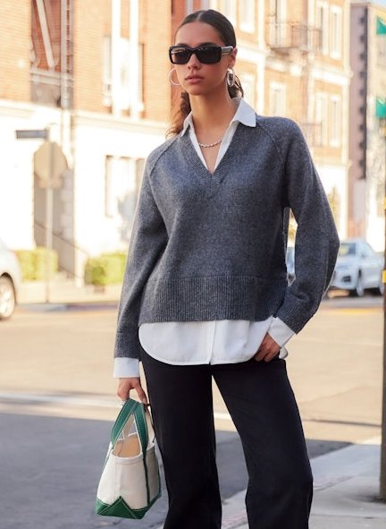 Carrie Mixed Media Sweater Charcoal Sweater - V-Neck Fifteen Twenty 