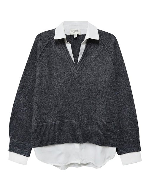 Carrie Mixed Media Sweater Charcoal Sweater - V-Neck Fifteen Twenty 