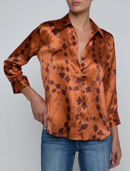 Dani Silk Blouse Amber Brown Playing Card Geo Tops - Button Down L'Agence 