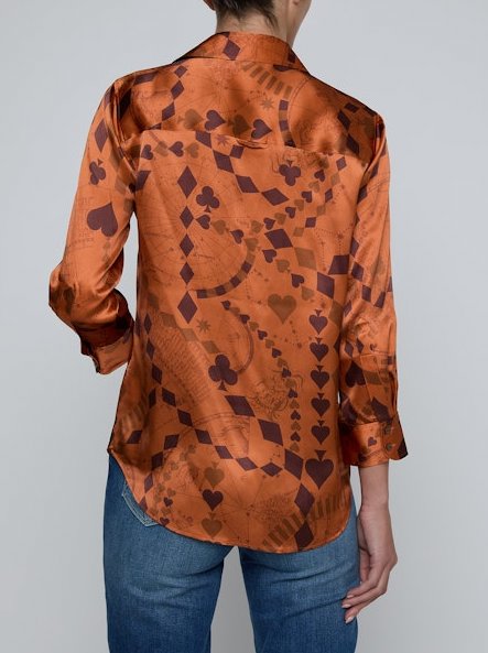 Dani Silk Blouse Amber Brown Playing Card Geo Tops - Button Down L'Agence 