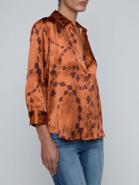 Dani Silk Blouse Amber Brown Playing Card Geo Tops - Button Down L'Agence 
